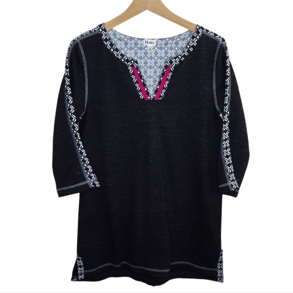 Hatley | Mixed Material 3/4 Sleeve Tunic Top Heathered Black Size Small